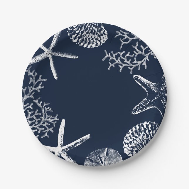 Beach Themed Starfish & Seashells Navy Blue Paper Plates (Front)