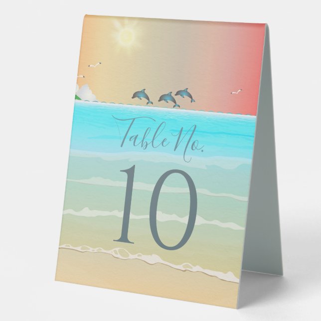 Beach Themed Table Number Cards with Dolphins Table Tent (Front)