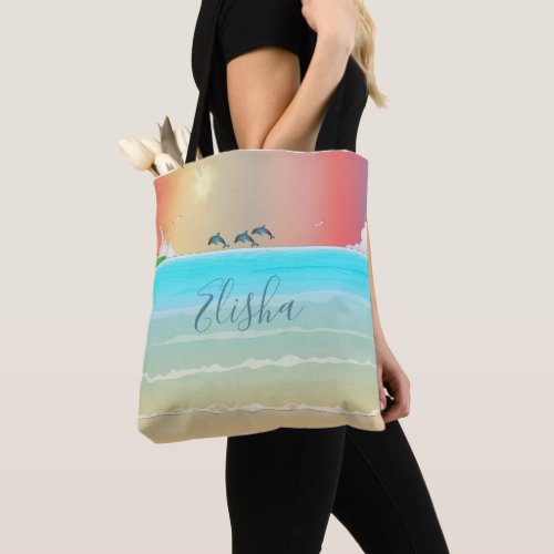 Beach Themed Tote Bag with Dolphins Light House