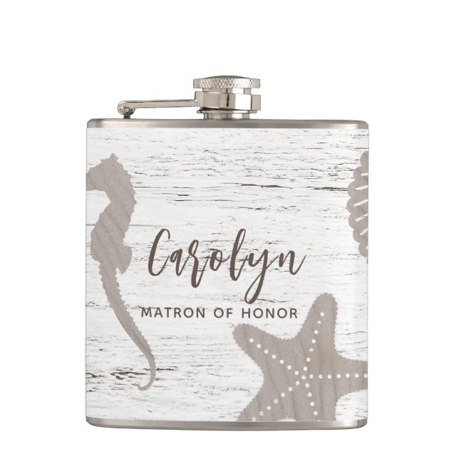 Beach Themed Wedding Wood Grain Flask (Front)