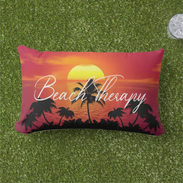 Beach Therapy sunset sand relaxation orange palm Lumbar Pillow (Grass)