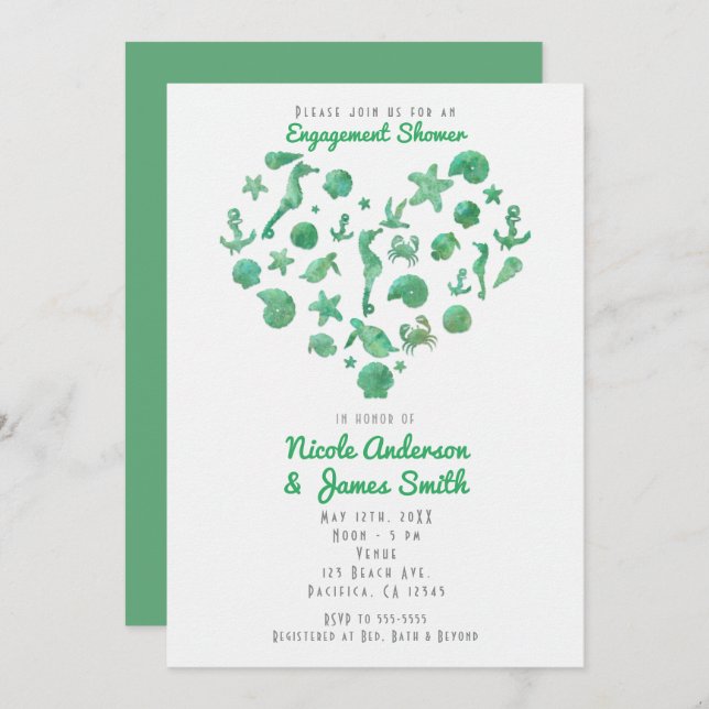 Beach Things Green Watercolor Modern Invitations (Front/Back)