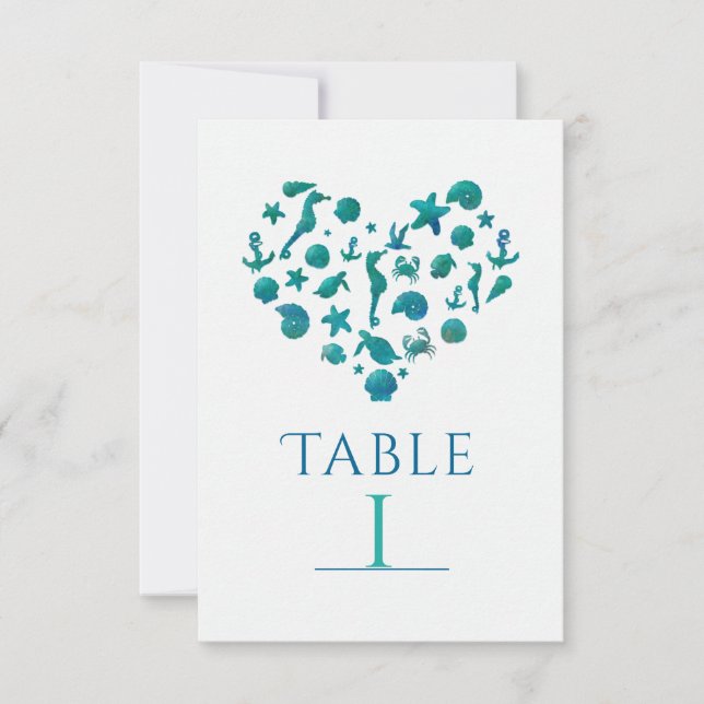 Beach Things Teal Watercolor Table Number Cards (Front)