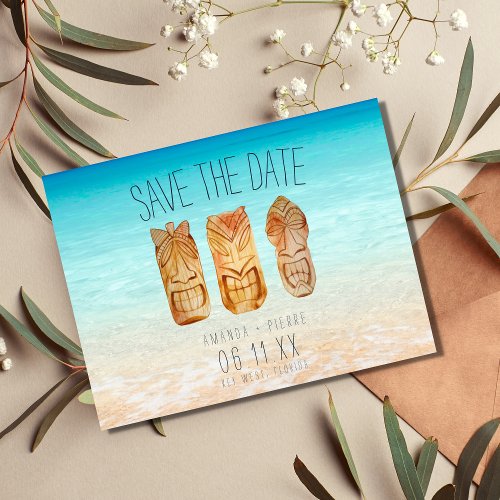 Beach Tiki Mask Wedding Save the Dates Announcement Postcard