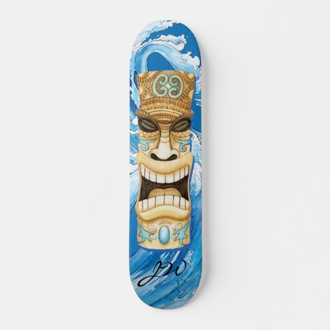 Beach Tiki Wave Blue Monogram Skateboard (Front)