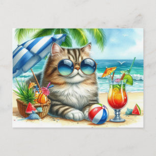 Beach Time Cat and Cocktails Postcard