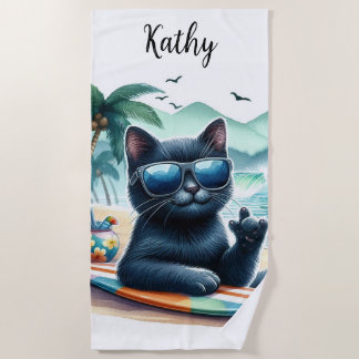 Beach Time Cool Black Cat Personalized  Towel