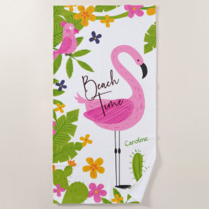 Beach Time Pink Flamingo and Parrot Beach Towel