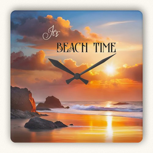 Beach Time Sunset Colorful Square Wall Clock