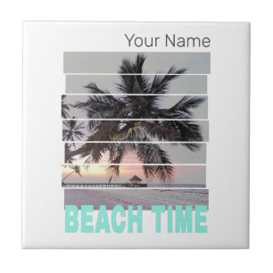 Beach Time Vintage Pier Palm Tree Sunset Souvenir Ceramic Tile