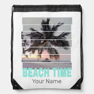 Beach Time Vintage Pier Palm Tree Sunset Souvenir Drawstring Bag