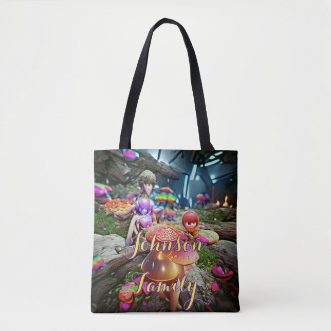 Beach Tote Bag Family Mushrooms and Fairies (Front)