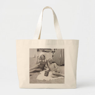 Beach tote with a vintage travel poster