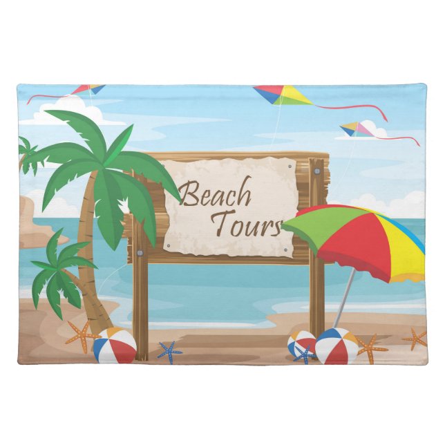 Beach Tours, Kites, Umbrellas & Palm Trees Cloth Placemat (Front)