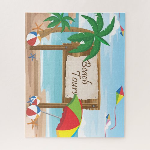 Beach Tours Kites Umbrellas  Palm Trees Jigsaw Puzzle