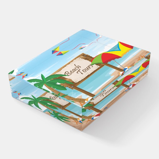 Beach Tours, Kites, Umbrellas & Palm Trees Paperweight (Angled)