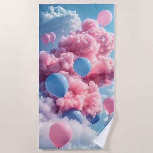 Beach Towel Birthday Pink Blue Balloons Sky