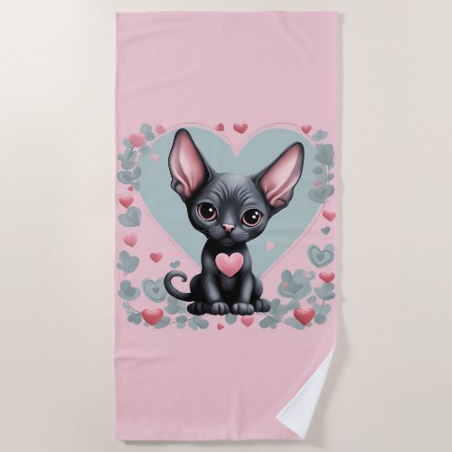 Beach Towel  Black Sphynx Cat Kitten Pink Hearts