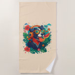 Beach towel featuring a puppy wearing headphones