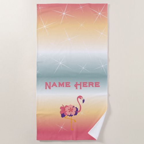 Beach Towel Flamingo Sunset Personalized Name