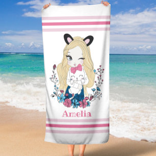 Beach Towel for Girls Cute Floral Custom Name