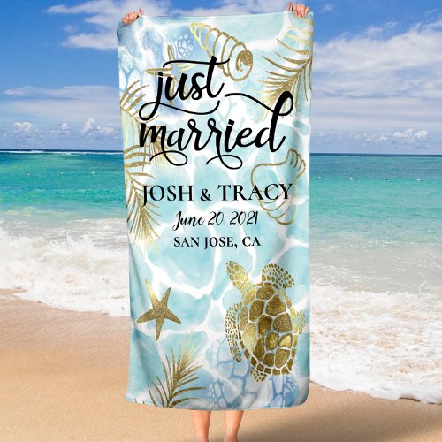  Beach towel just married for beach wedding Beach Towel