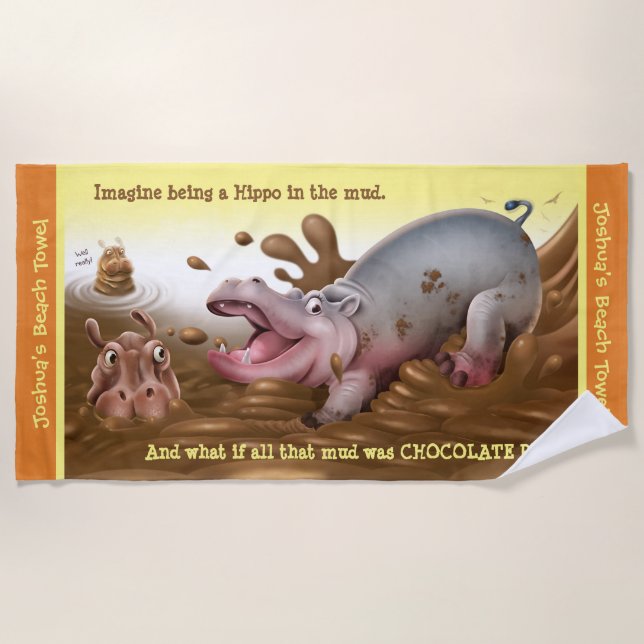 Beach towel Muddy Hippos. Orange edge (Front)