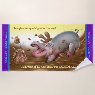 Beach towel Muddy Hippos. Purple edge