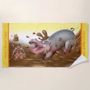 Beach towel Muddy Hippos. Yellow edge