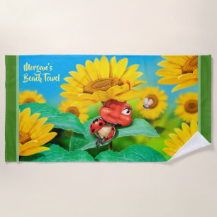 Beach towel sleepy Ladybug sunflowers. Green edge