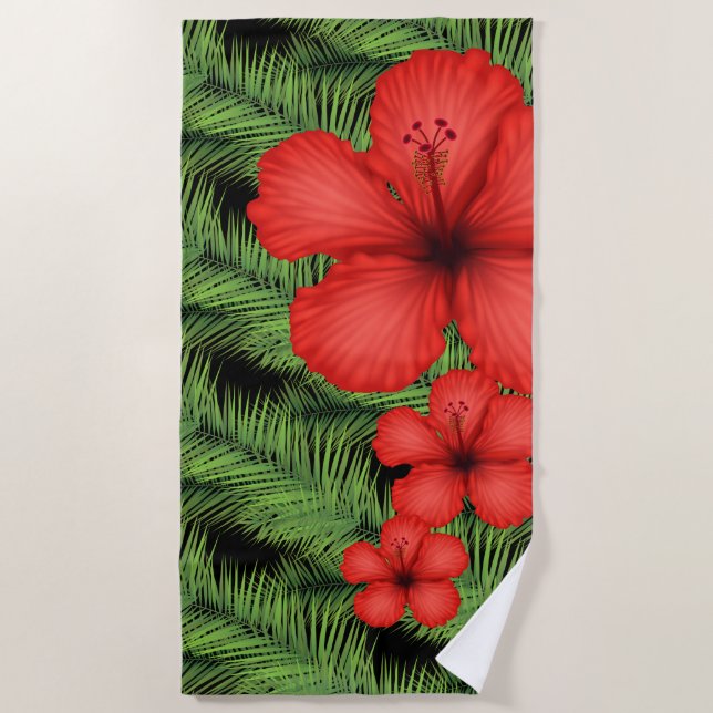 Beach Towel-Tropical Palm & Flowers Beach Towel (Front)