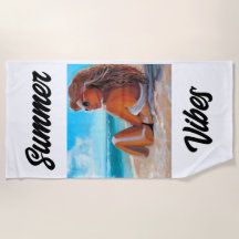 BEACH TOWEL UNIQUE PAINTING GIRL SITTING ON BEACH