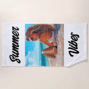 BEACH TOWEL UNIQUE PAINTING GIRL SITTING ON BEACH