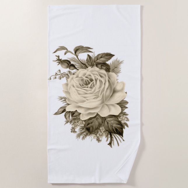 Beach Towel Vintage White Rose Floral (Front)