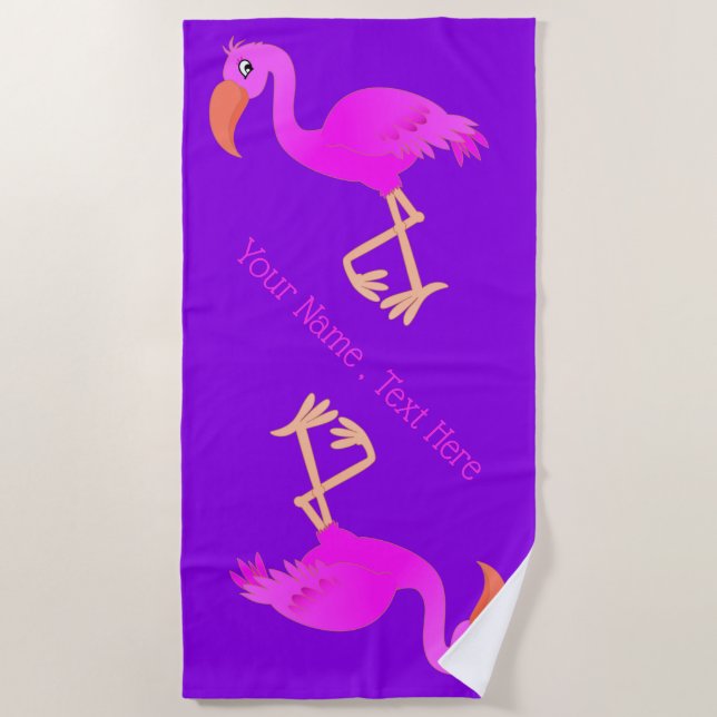 Beach Towel with Pink Flamingos and Custom Text (Front)