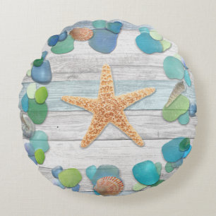 Beach Treasures Glass, Shells, Driftwood Round Pillow