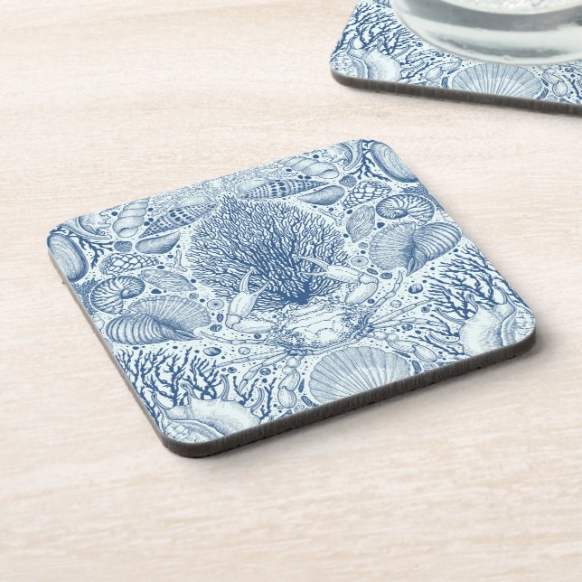 Beach treasures in blue beverage coaster (Left Side)