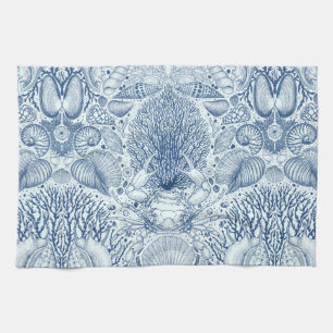 Beach treasures in blue kitchen towel