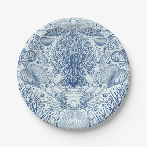 Beach treasures in blue paper plates