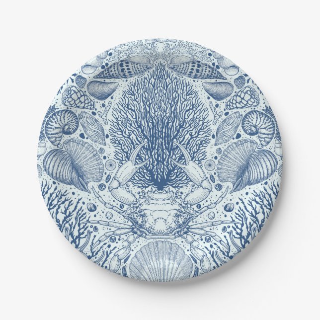 Beach treasures in blue paper plates (Front)
