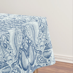 Beach treasures in blue tablecloth