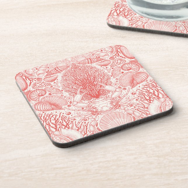 Beach treasures in coral red beverage coaster (Left Side)