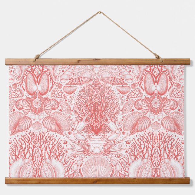 Beach treasures in coral red hanging tapestry (Front)