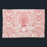 Beach treasures in coral red kitchen towel<br><div class="desc">Hand-drawn vector illustration of sea shells corals,  crab,  and seaweeds</div>