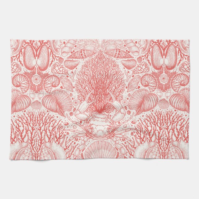Beach treasures in coral red kitchen towel (Horizontal)