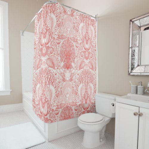 Beach treasures in coral red shower curtain