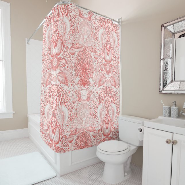 Beach treasures in coral red shower curtain (In Situ)