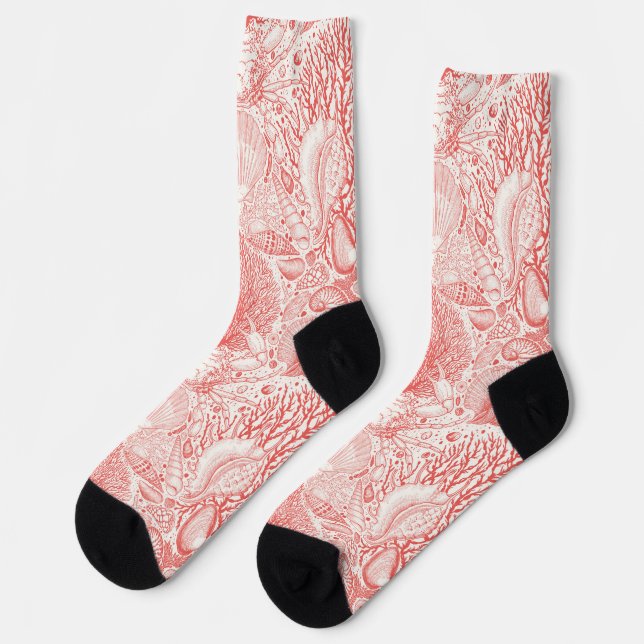 Beach treasures in coral red socks (Left)