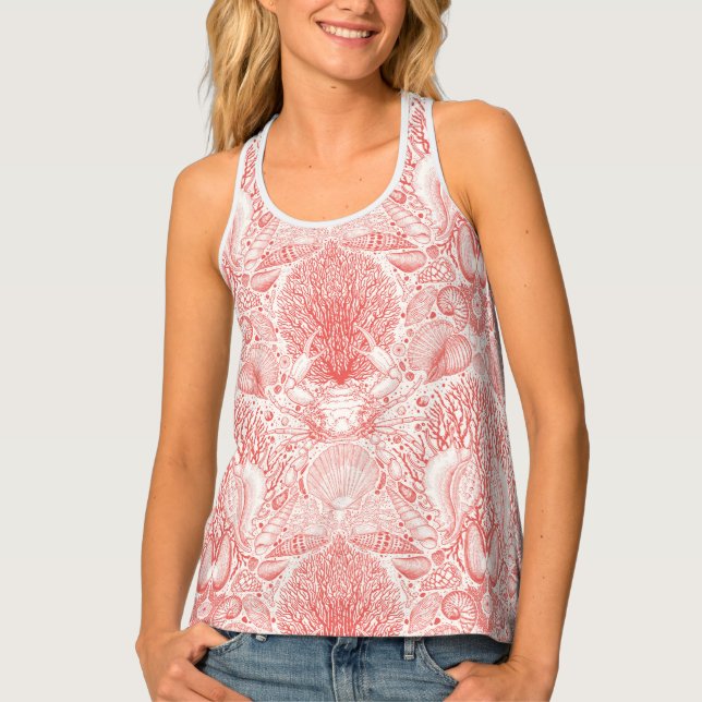 Beach treasures in coral red tank top (Front)