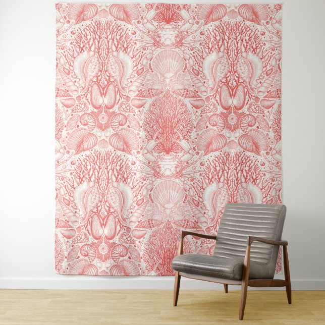 Beach treasures in coral red tapestry (In Situ)